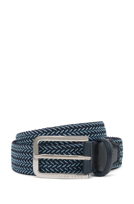 Cinturón elástico tejido con apliques de piel, Azul oscuro