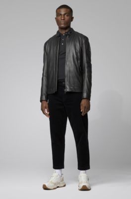polo shirt with leather jacket