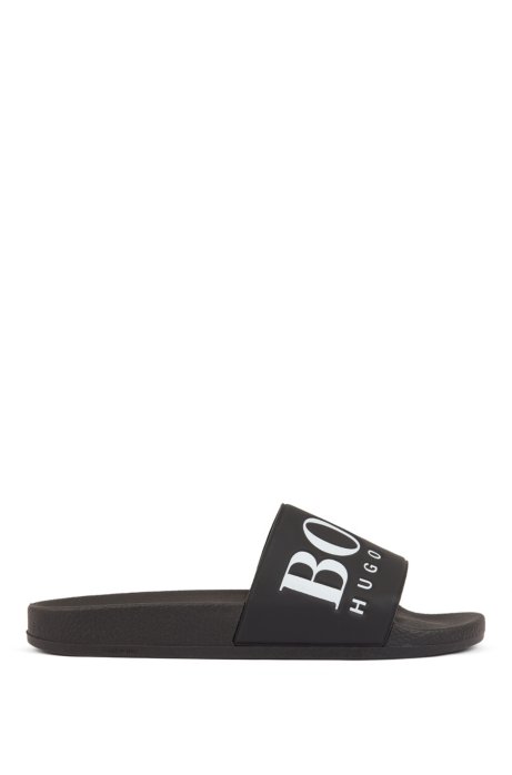 Italian-made rubber slide sandals with contrast logo, Black