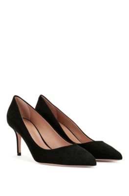 black suede court heels