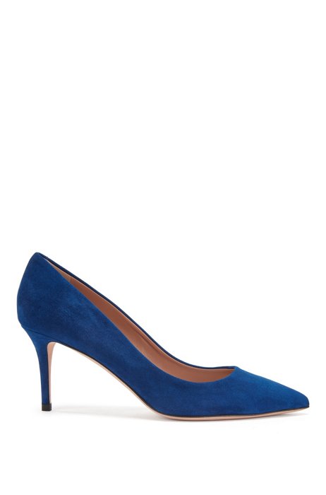 Suede court shoes with 70mm heel, Light Blue