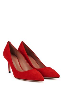 red suede court shoes