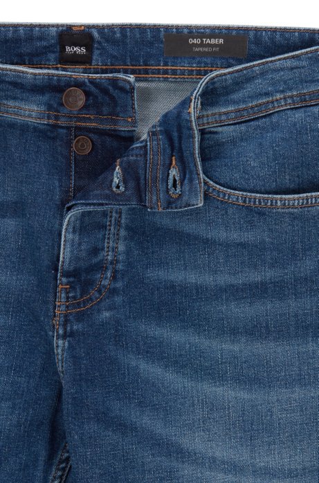 Boss Tapered Fit Jeans In Mid Blue Comfort Stretch Denim