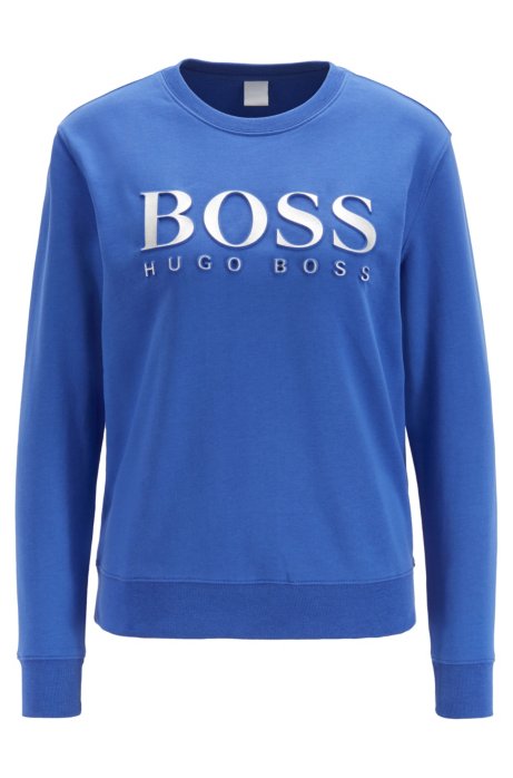 Cotton terry sweatshirt with three-dimensional metallic logo, Blue