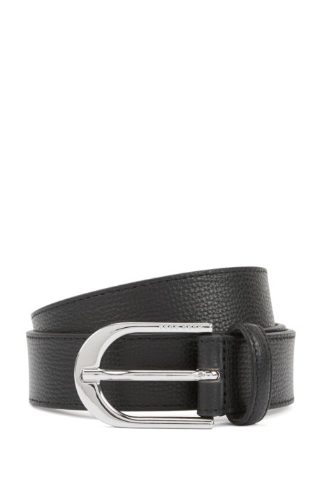 Italian-leather belt with polished silver-effect buckle, Black