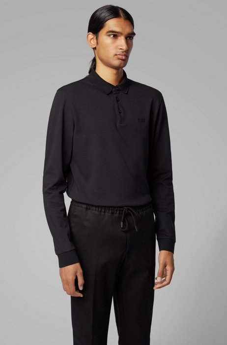 Long-sleeved polo shirt in interlock cotton, Black