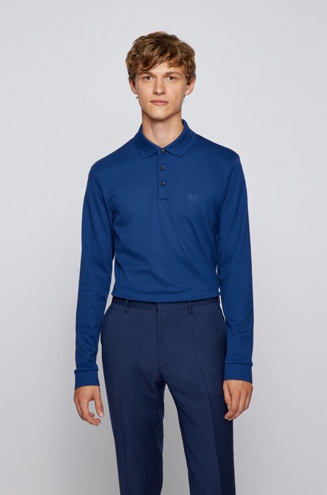 Long-sleeved polo shirt in interlock cotton, Dark Blue