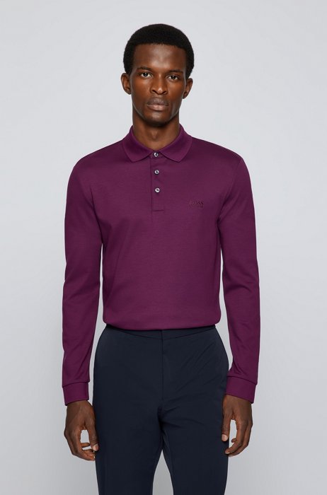 Long-sleeved polo shirt in interlock cotton, Purple