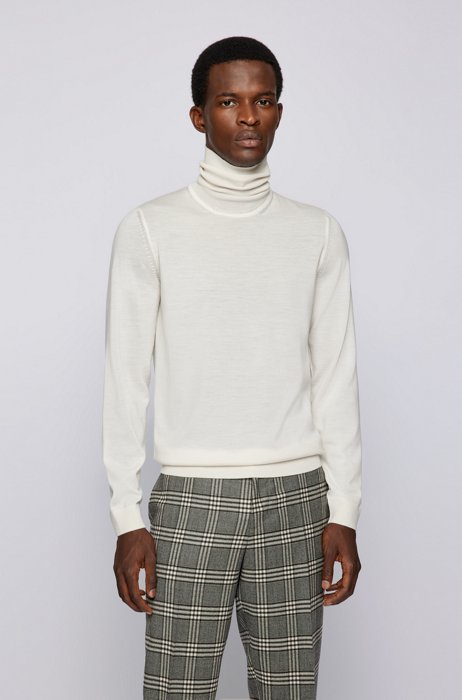 Turtleneck sweater in extra-fine Italian merino wool, White