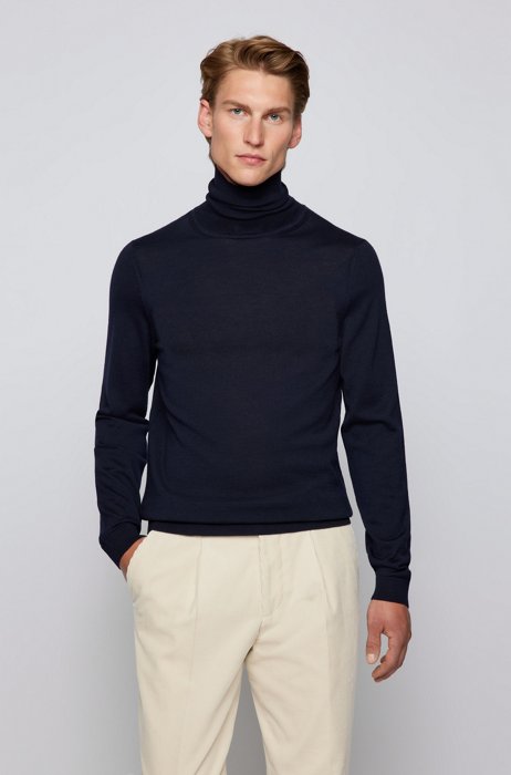 Turtleneck sweater in extra-fine Italian merino wool, Dark Blue