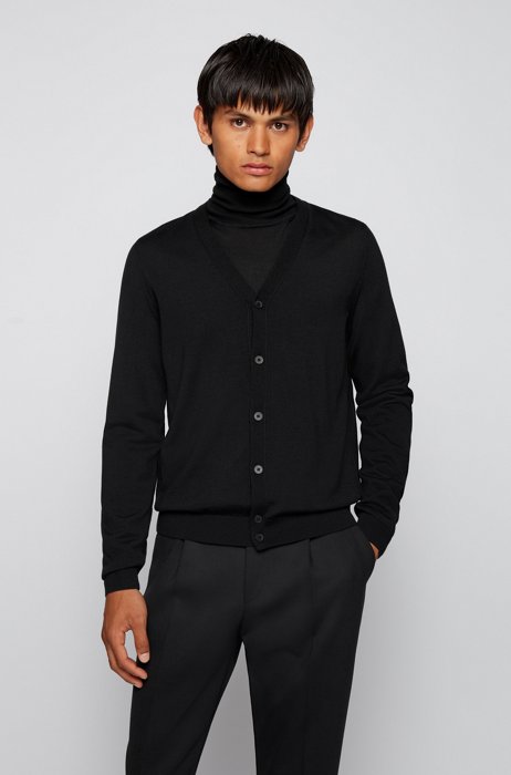V-neck cardigan in extra-fine Italian merino wool, Black