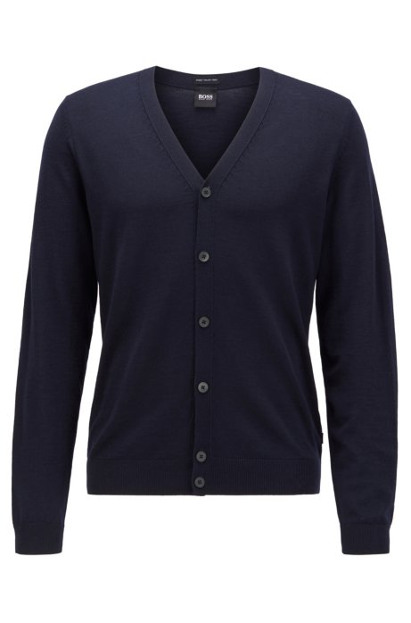 V-neck cardigan in extra-fine Italian merino wool, Dark Blue