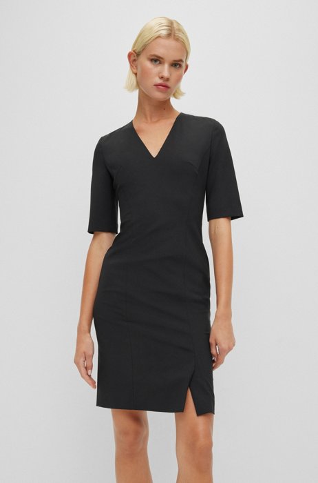 Short-sleeved dress in Italian stretch wool, Black