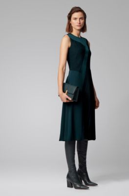 dark green tie waist plisse midi dress