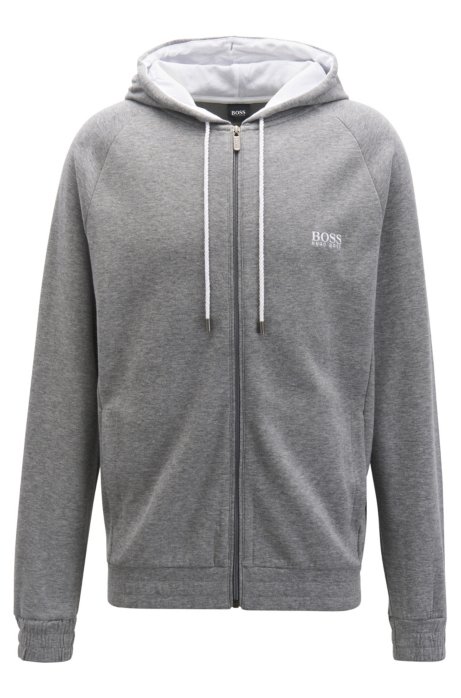 Hooded loungewear jacket in double-faced melange fabric, Grey