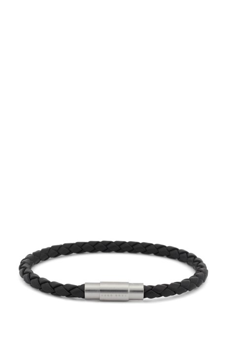 Italian-made single-wrap bracelet in woven calf leather, Grey