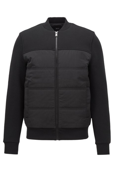 Bomber-style sweatshirt with padded body and textured sleeves, Black