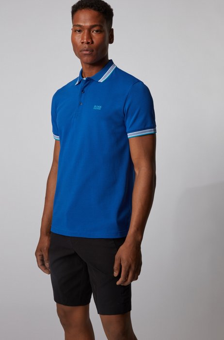 Cotton-piqué polo shirt with logo undercollar, Light Blue