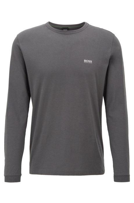Long-sleeved cotton T-shirt with rubberised shoulder logo, Anthracite