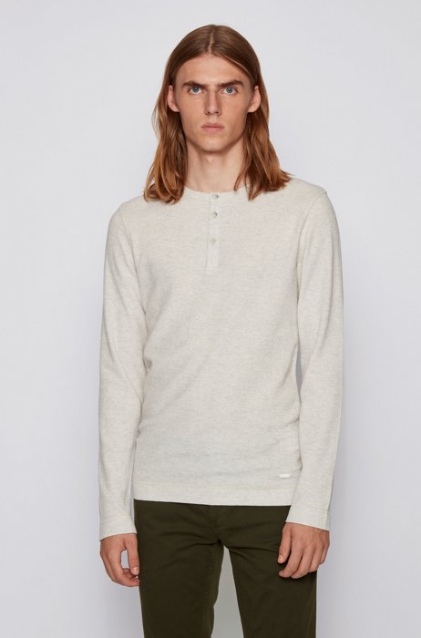 Slim-fit Henley T-shirt in heather waffle cotton, White