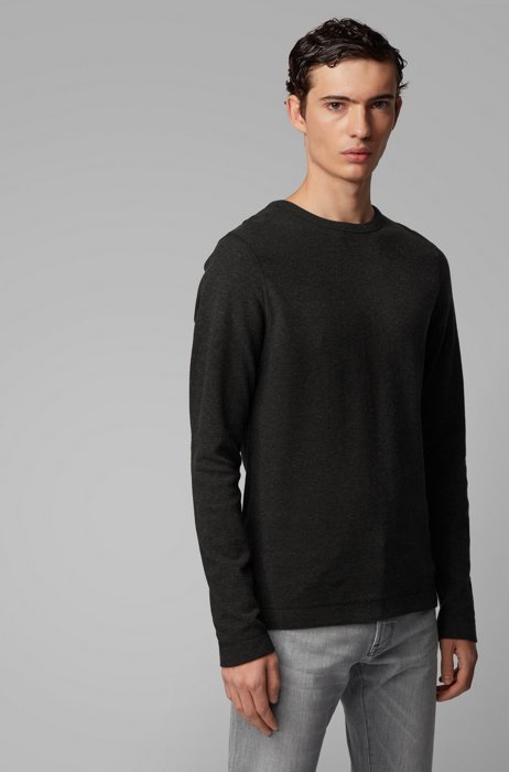 Slim-fit T-shirt with long sleeves in waffle cotton, Black