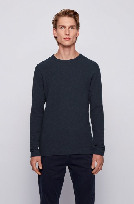 Slim-fit T-shirt with long sleeves in waffle cotton, Dark Blue