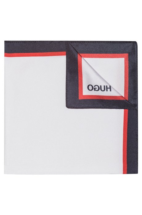 Pocket square in silk with striped border and logo, Patterned