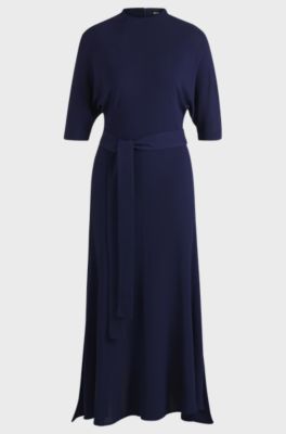 High-neck dress with tie belt, Dark Blue