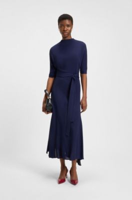 High-neck dress with tie belt, Dark Blue