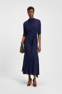 Robe à col montant avec ceinture à nouer, Bleu foncé