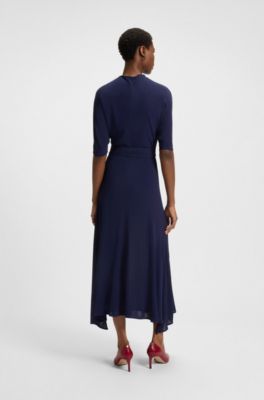 High-neck dress with tie belt, Dark Blue