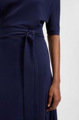 High-neck dress with tie belt, Dark Blue