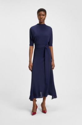 High-neck dress with tie belt, Dark Blue