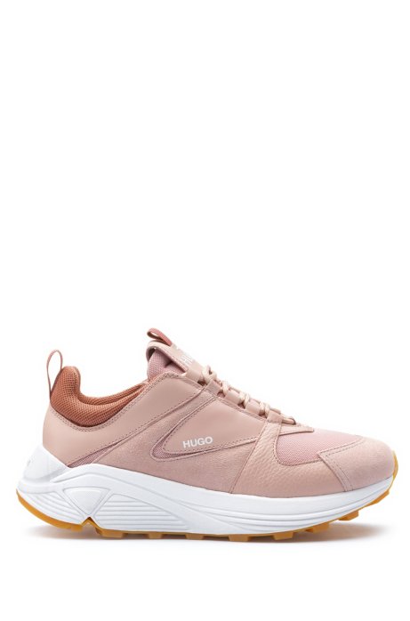 Chunky running-style trainers in mesh, suede and leather, Open Pink