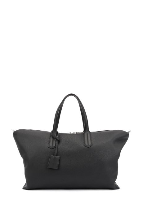 Weekend holdall in grained Italian leather with lock closure, Black