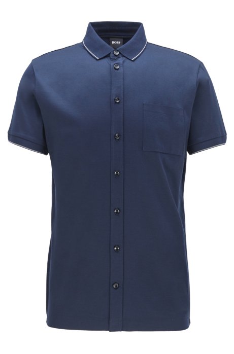 Slim-fit polo shirt in cotton with stripe detail, Dark Blue