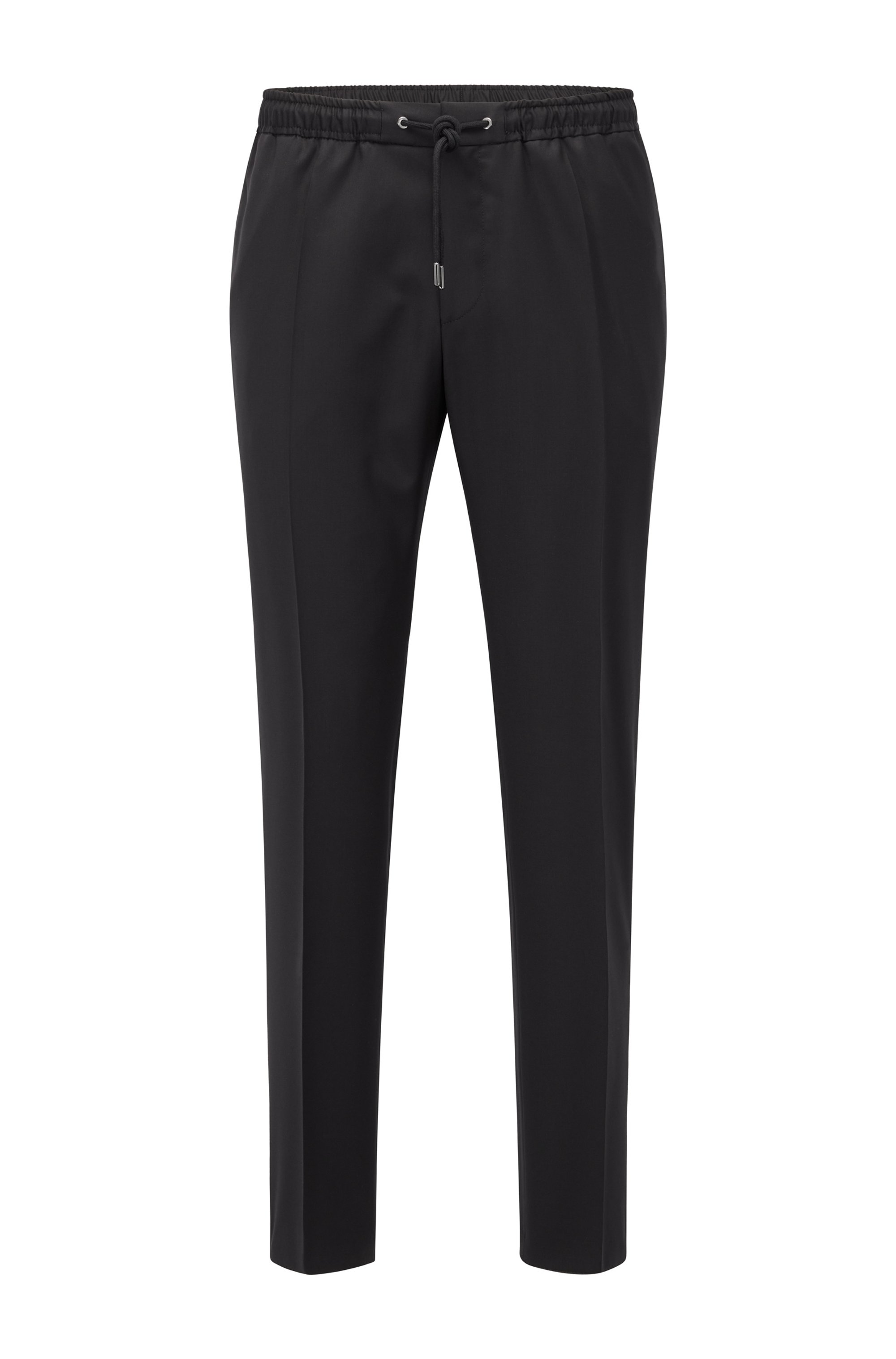 Slim-fit pants in virgin wool with drawstring waist, Black