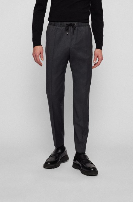 Slim-fit pants in virgin wool with drawstring waist, Dark Grey