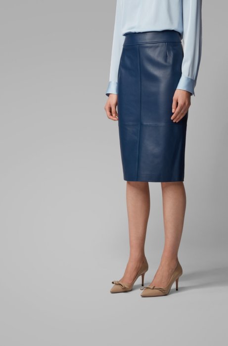 Regular-fit pencil skirt in lambskin, Dark Blue