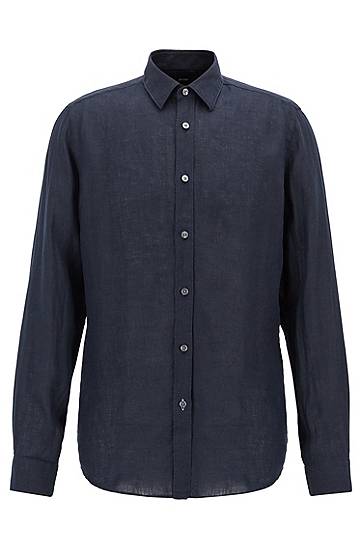 Hugo Boss Regular-fit Shirt In Linen With Roll-up Sleeves In Black