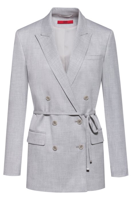 Double-breasted relaxed-fit jacket with tie belt, Grey