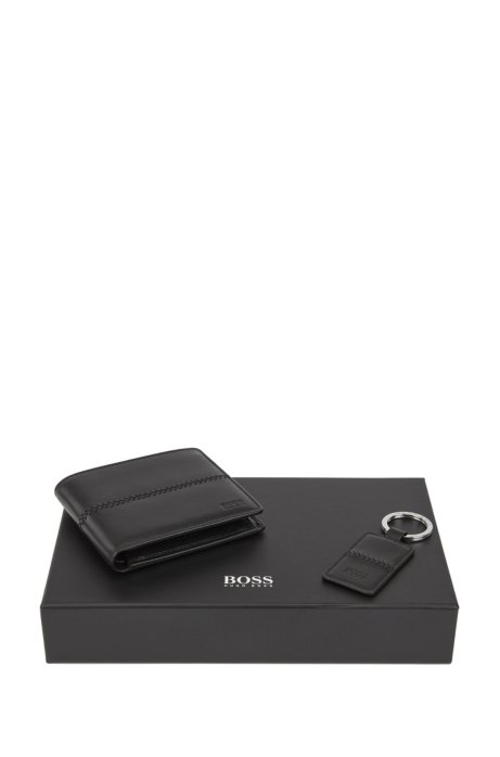 Gift-boxed wallet and key ring in leather with stitching detail, Black