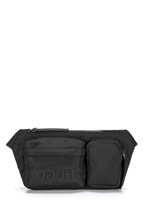 Reverse-logo multi-pocket belt bag in nylon gabardine, Black