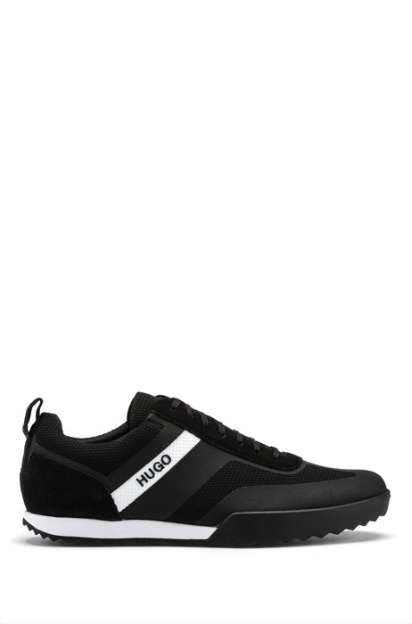 Low-top lace-up trainers in mesh and suede leather, Black