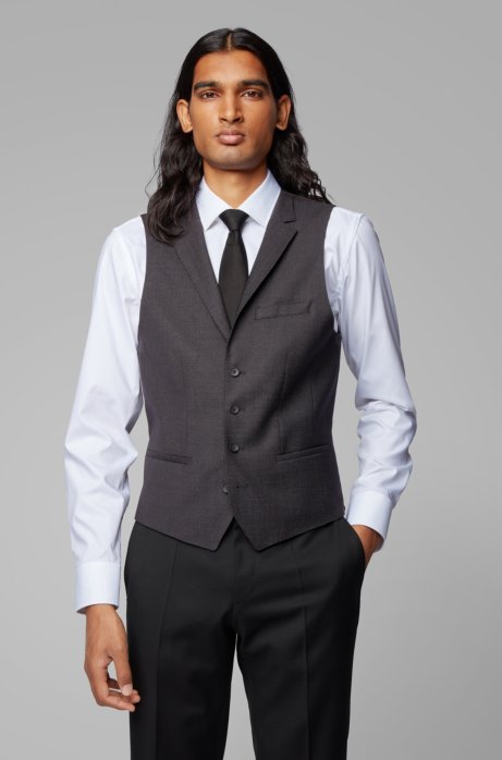 Slim-fit waistcoat in micro-pattern wool, Black