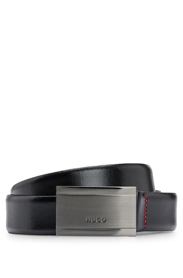 Leather belt with branded plaque buckle, Black
