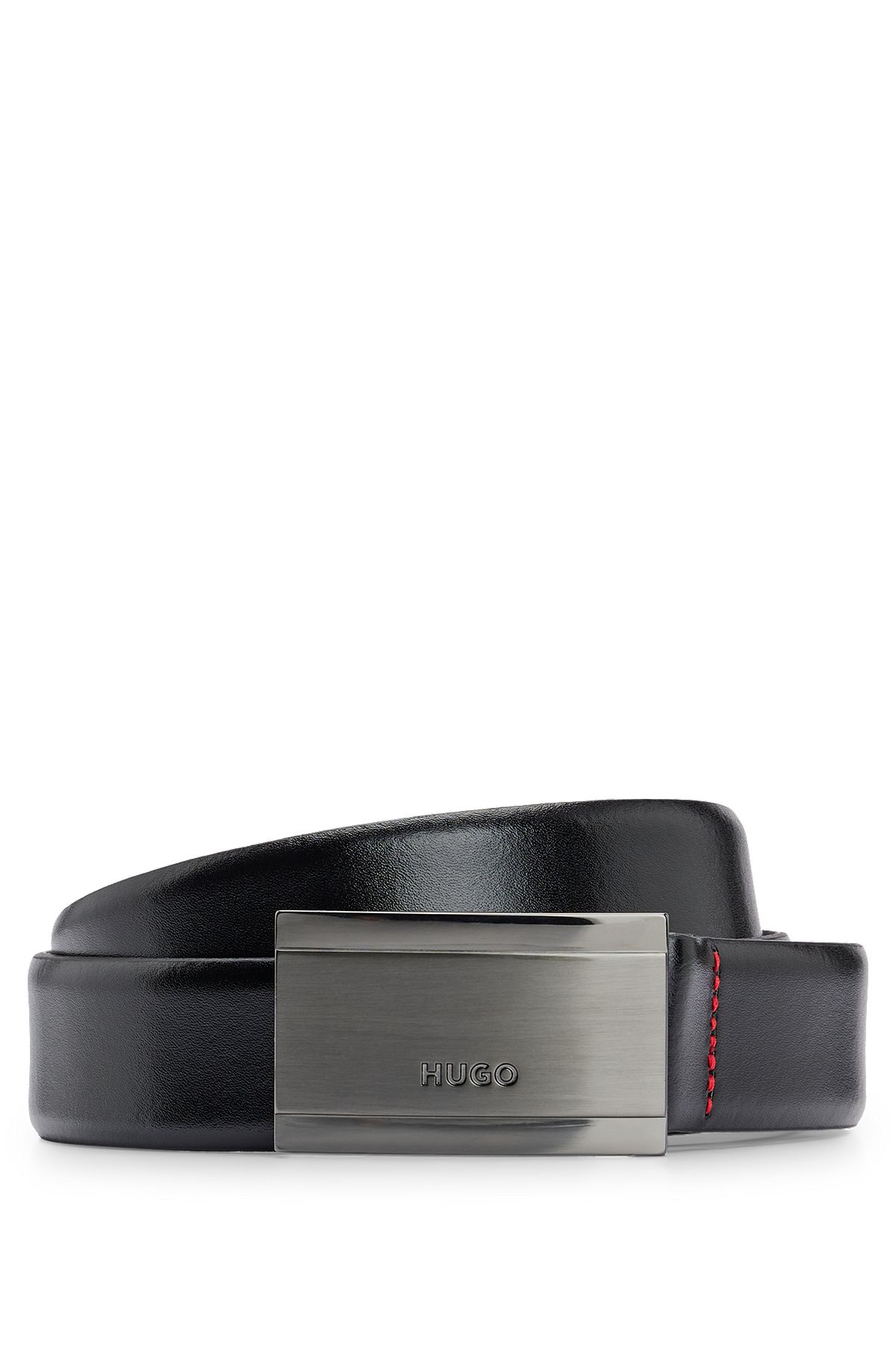 Leather belt with branded gunmetal plaque buckle, Black