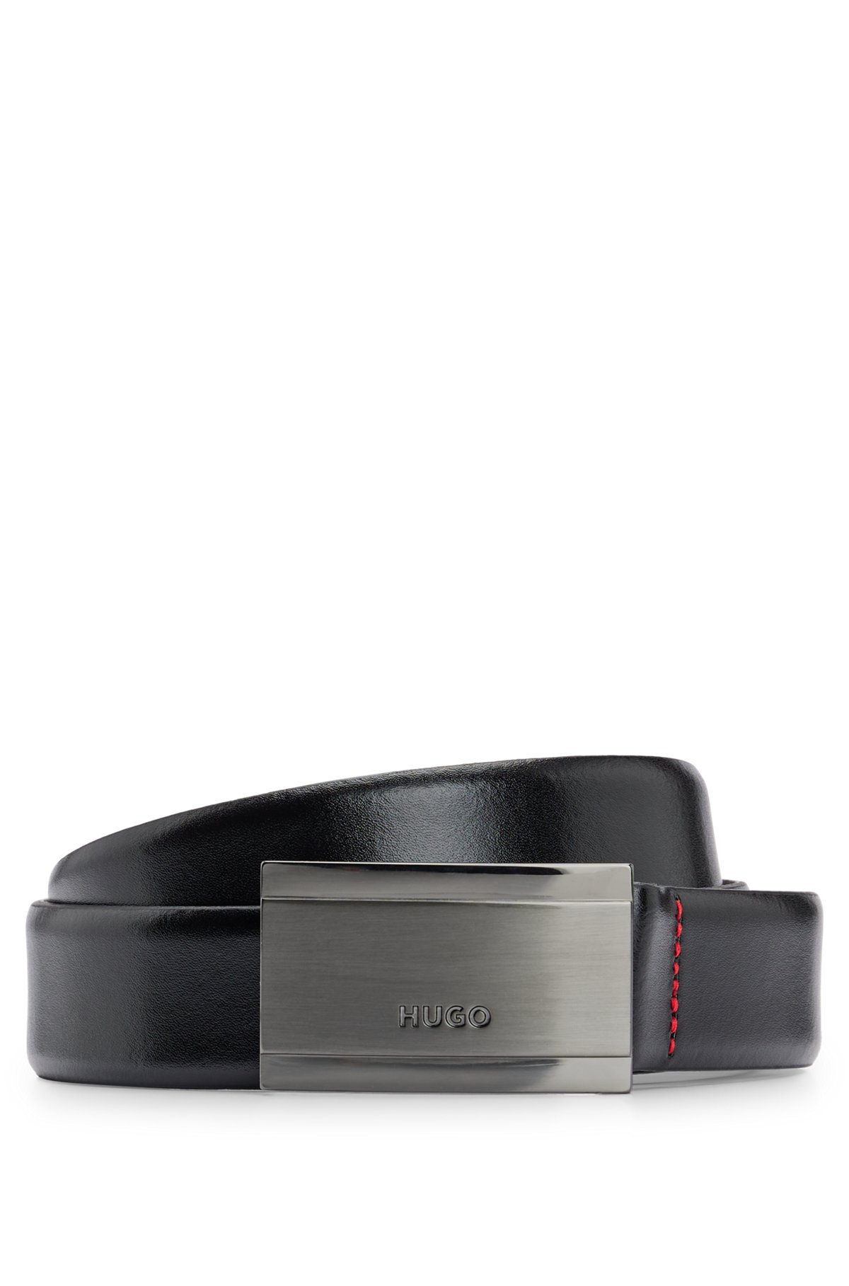 Logo-engraved belt in smooth leather with plaque buckle, Black