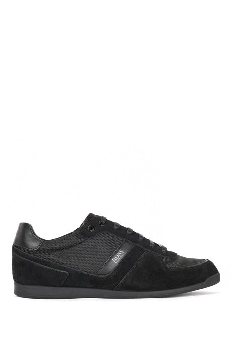 Low-top trainers in leather, suede and technical fabric, Black