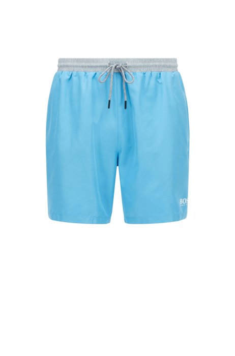 Medium-length swim shorts in quick-drying fabric, Light Blue